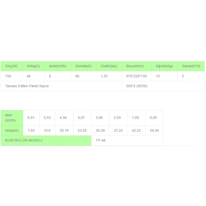 Solinved DC Pompa 4 İnç 48 Volt 750 Watt 6 Ton HMAX: 56 mt Outlet: 1,25
