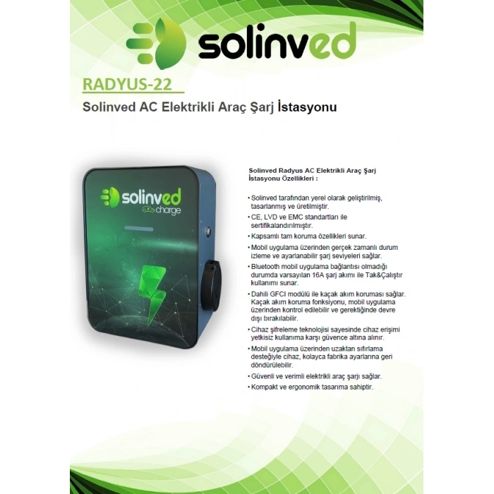 Solinved Radius 22 kW AC Elektrikli Araç Şarj İstasyonu