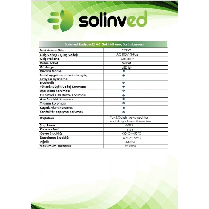 Solinved Radius 22 kW AC Elektrikli Araç Şarj İstasyonu