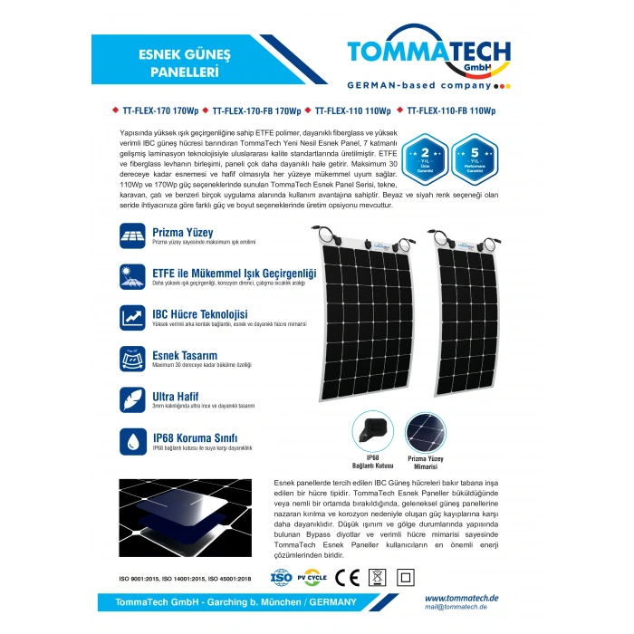 TommaTech 110Wp Flexible (Esnek) Dark Series Güneş Paneli