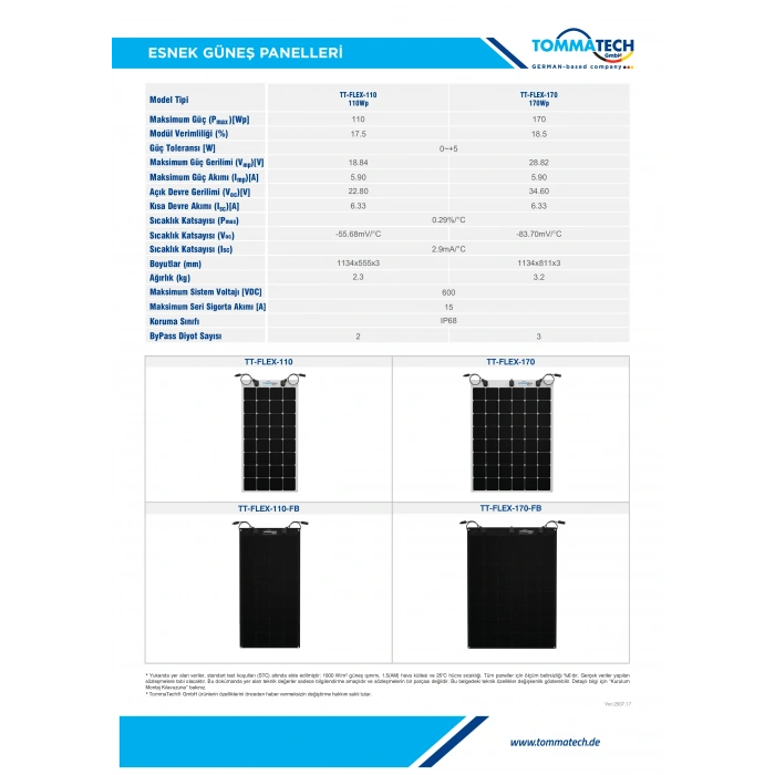 TommaTech 110Wp Flexible (Esnek) Dark Series Güneş Paneli