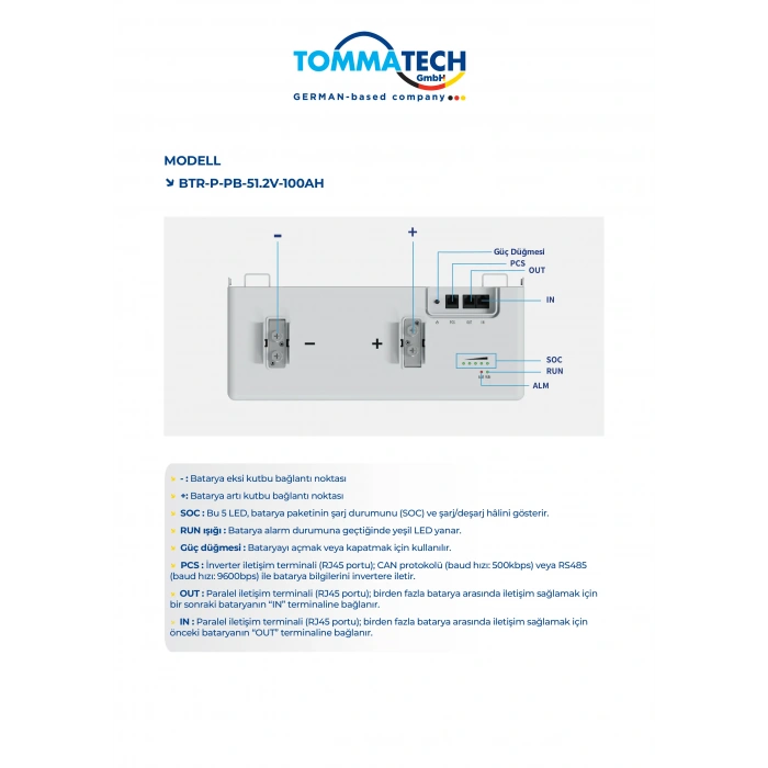 TommaTech 51.2V 100Ah PB Serisi LFP Lityum Batarya
