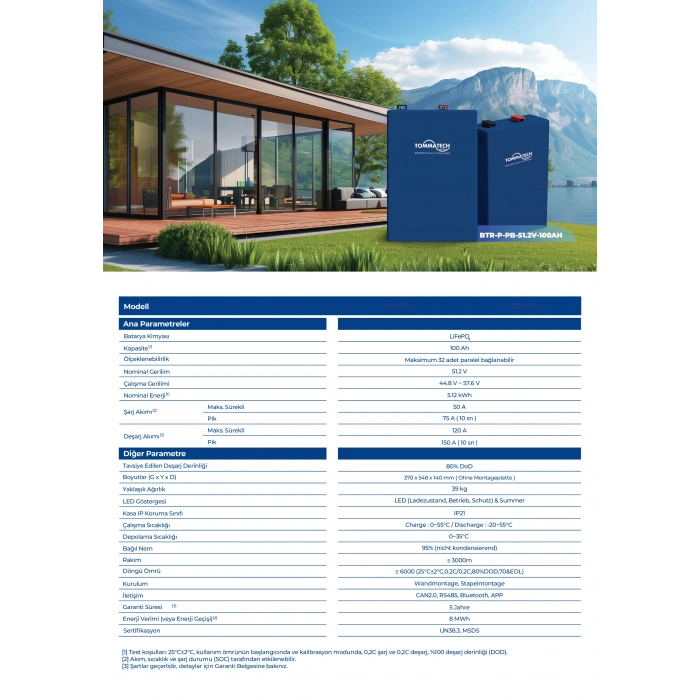 TommaTech 51.2V 100Ah PB Serisi LFP Lityum Batarya