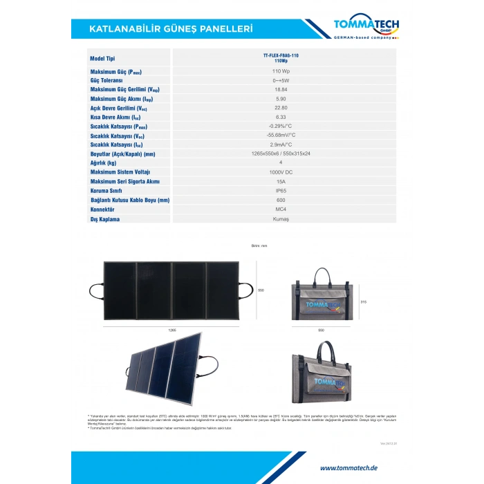 TommaTech Easy Life 110Wp Katlanır Güneş Paneli