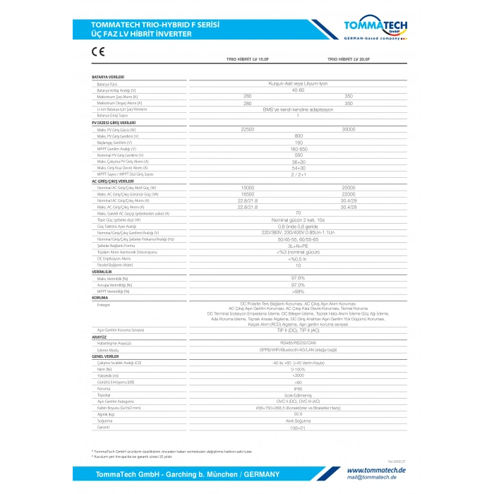 TommaTech F Serisi 20.0kW Üç Faz LV Hibrit İnverter
