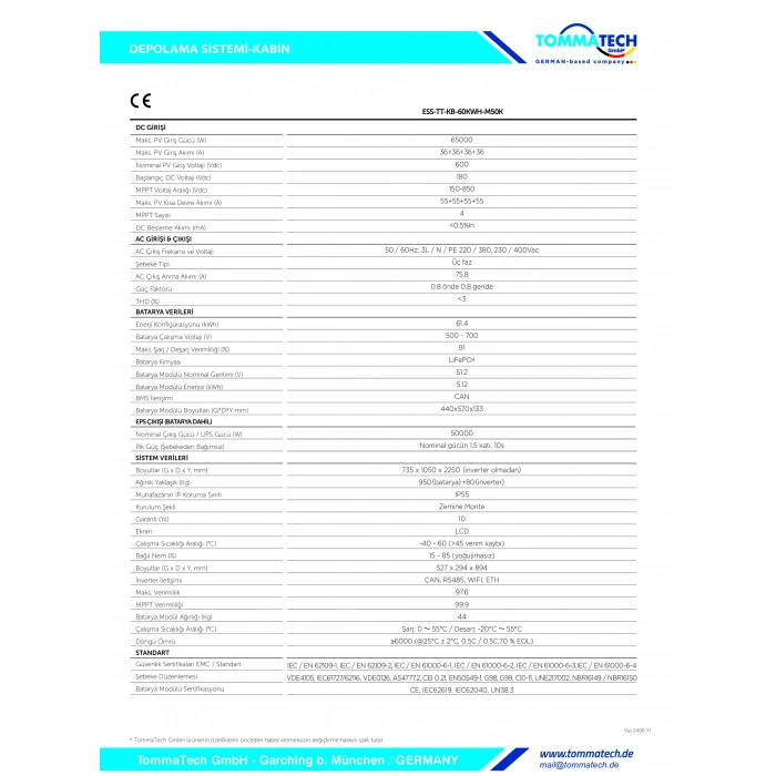 TommaTech Kabin Tipi 60kWh-50kW Güç ve Enerji Depolama