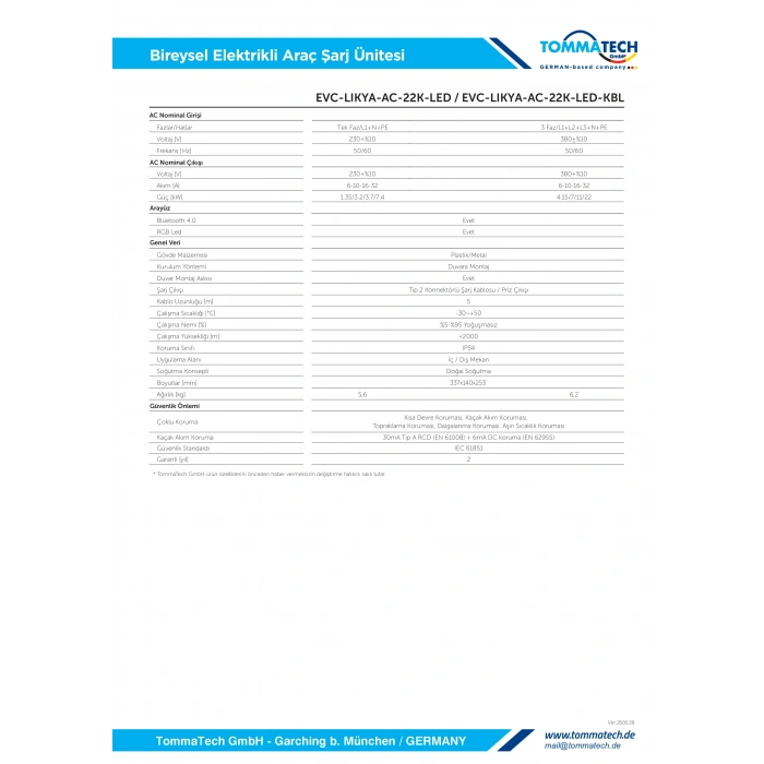 TommaTech Likya 22kW AC Elektrikli Araç Şarj Cihazı Kablolu