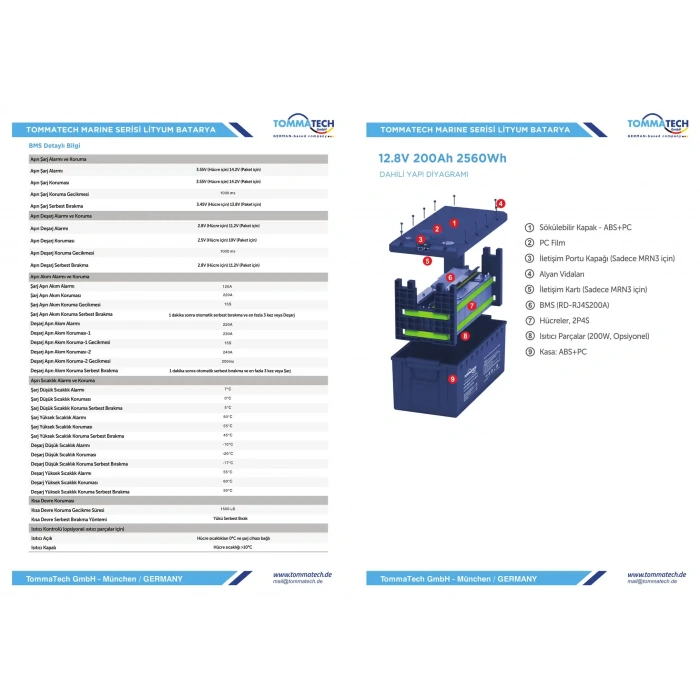 Tommatech Marine ABS+PC Kasa 12.8V 200AH LFP Lityum Batarya