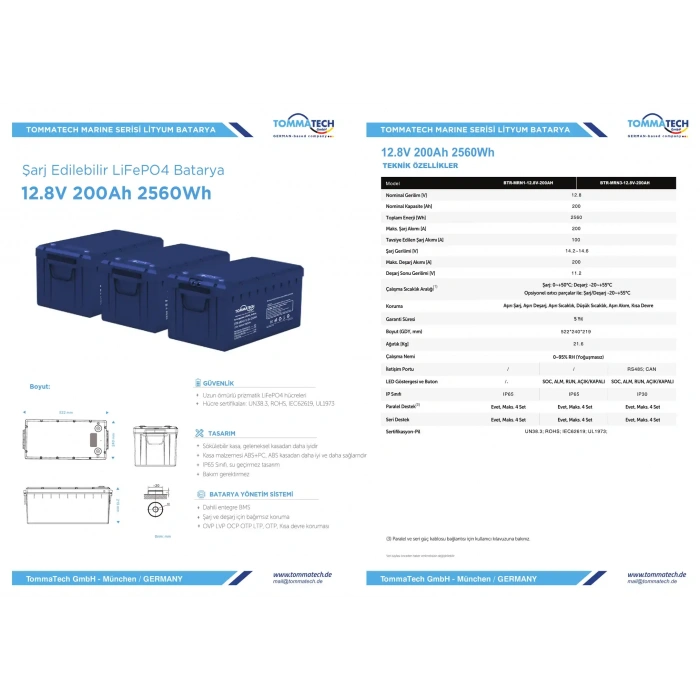 Tommatech Marine ABS+PC Kasa 12.8V 200AH LFP Lityum Batarya