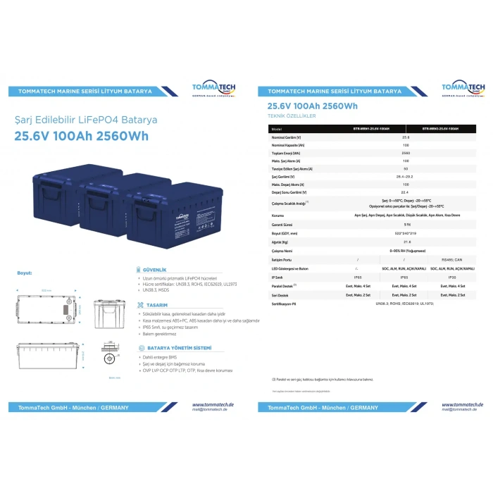 Tommatech Marine ABS Kasa 25.6V 100AH LFP Lityum Batarya