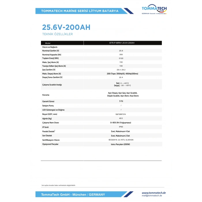 Tommatech Marine ABS+PC Kasa 25.6V 200AH LFP Lityum Batarya