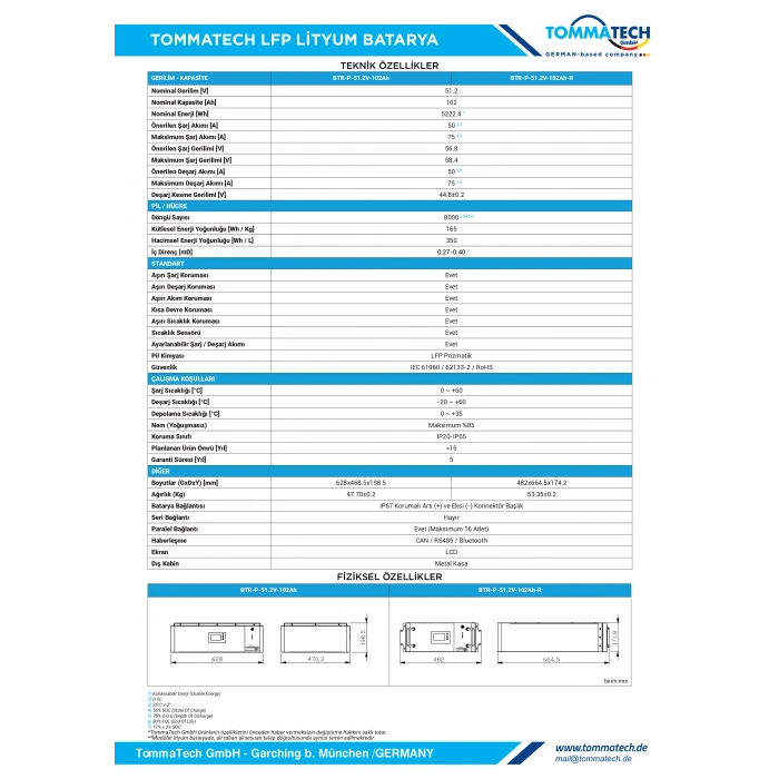 TommaTech Rack Serisi 51.2V 102AH G2 LFP Lityum Batarya