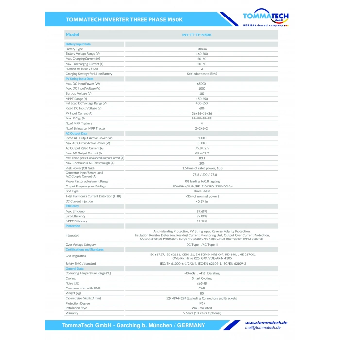 TommaTech Trio Hybrid M 50KW Üç Faz İnverter