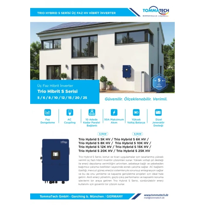 TommaTech Trio Hybrid S 10 kW HV Trifaze Hibrit İnverter