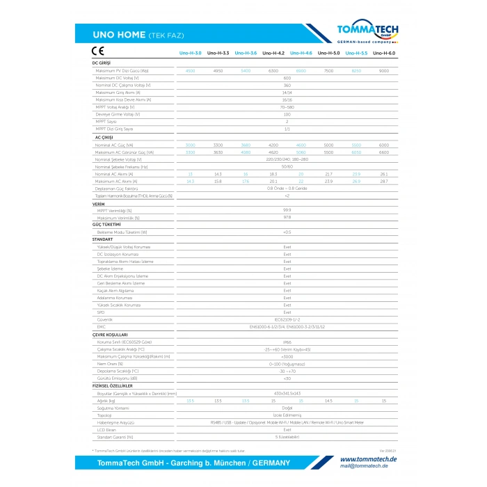 TommaTech Uno Home 5kW Tek Faz Dizi İnverter