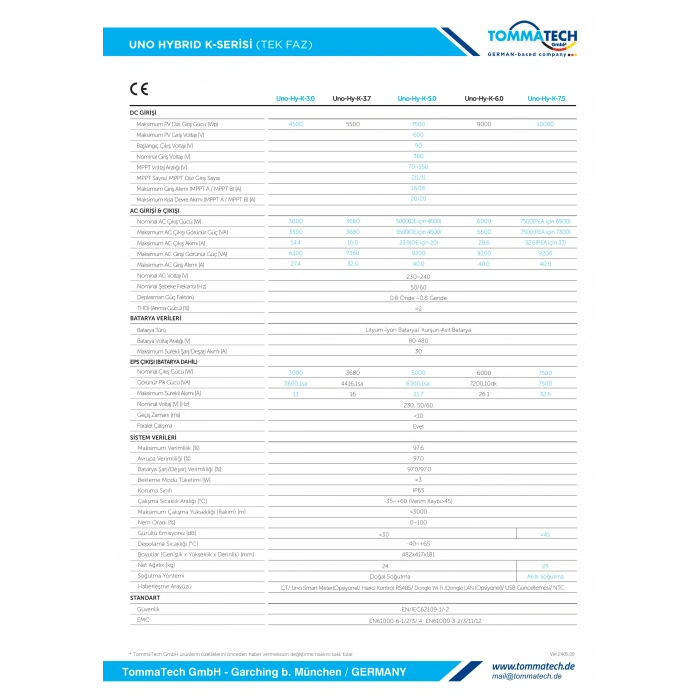 TommaTech Uno Hybrid K 5kW Tek Faz İnverter