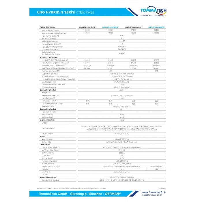 TommaTech Uno Hybrid N Serisi Serisi Tek Faz 16.0 kW İnverter