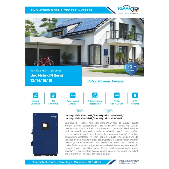 TommaTech Uno Hybrid N Serisi Serisi Tek Faz 16.0 kW İnverter