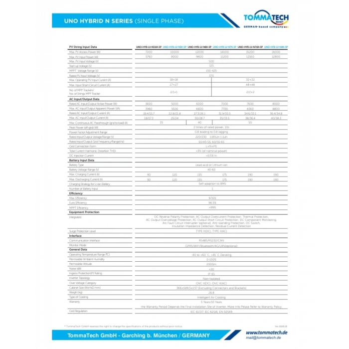 Tommatech Uno N 8 kW Monofaze LV Hibrit İnverter