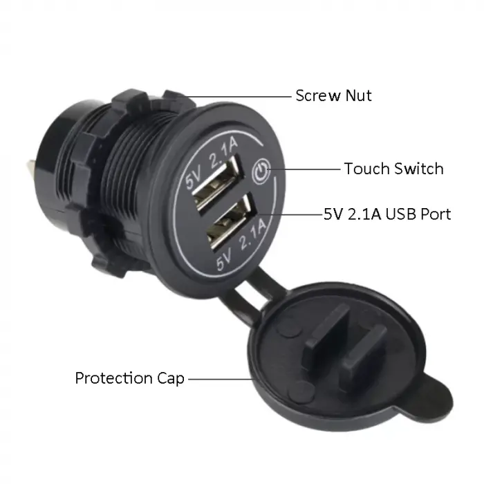 5V 2.1A Su Geçirmez Çift USB Şarj Soket Modülü (Kablolu)