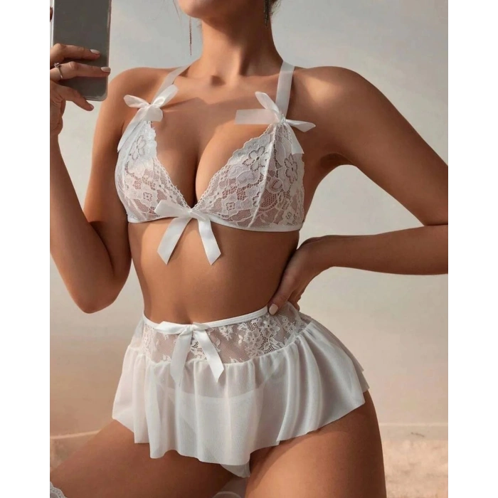 Dodes Dodes Fantazi Beyaz Dantelli Fiyonklu Seksi Babydol TG279239