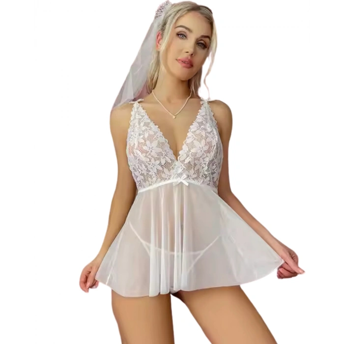 Dodes Dodes Fantezi Beyaz Dantelli Transparan Tül Etekli Seksi Elbise Gecelik TG273266