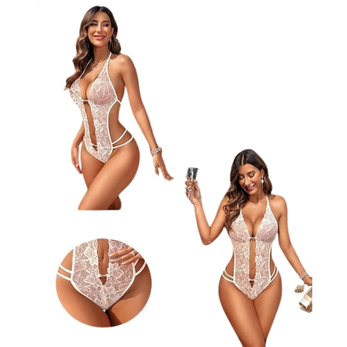 Dodes Dodes Fantezi Beyaz  Dantelli Zincirli Seksi Babydoll TG279252