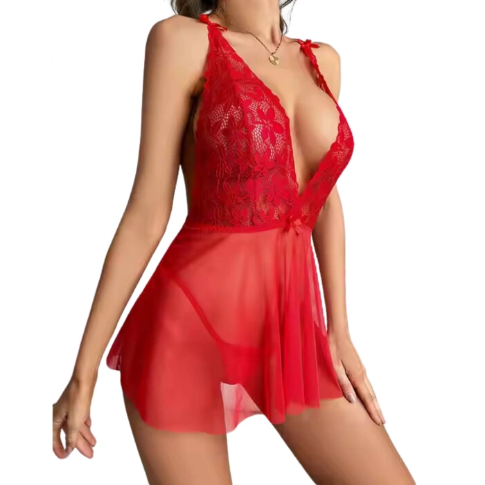 Dodes Dodes Fantezi Kırmızı Dantelli Transparan Tül Etekli Seksi Elbise Gecelik TG273267