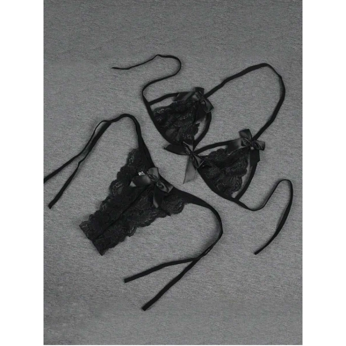 Dodes Dodes Fantezi Seksi Siyah Fiyonk Süslemeli Dantelli Sütyen String Takımı TG279707