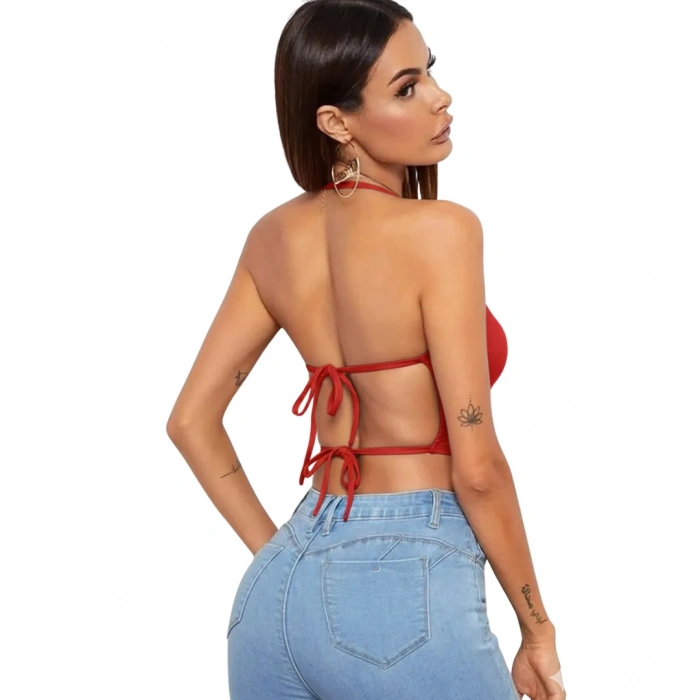 Dodes Dodes Kadın Sırtı Açık Kırmızı Belden Bağlamalı Crop Büstiyer TG275441-K
