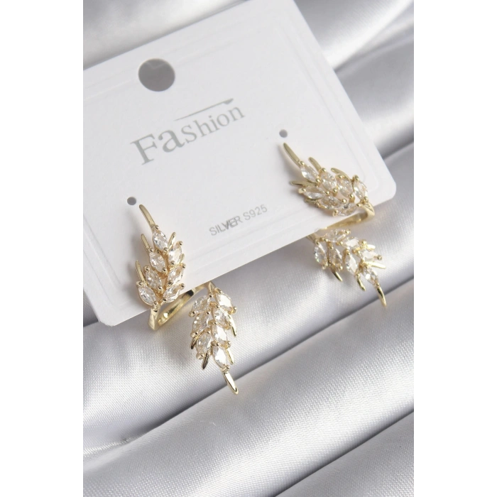 Tegan Pirinç Gold Renk Zirkon Taşlı Yaprak Model Kadın Küpe TG27BKP9945