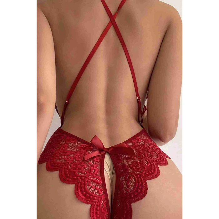 Dodes Özel Bölgesi Açık Dantelli Kırmızı Fantazi Babydoll DL1278