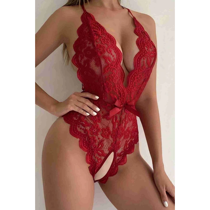 Dodes Özel Bölgesi Açık Dantelli Kırmızı Fantazi Babydoll DL1278