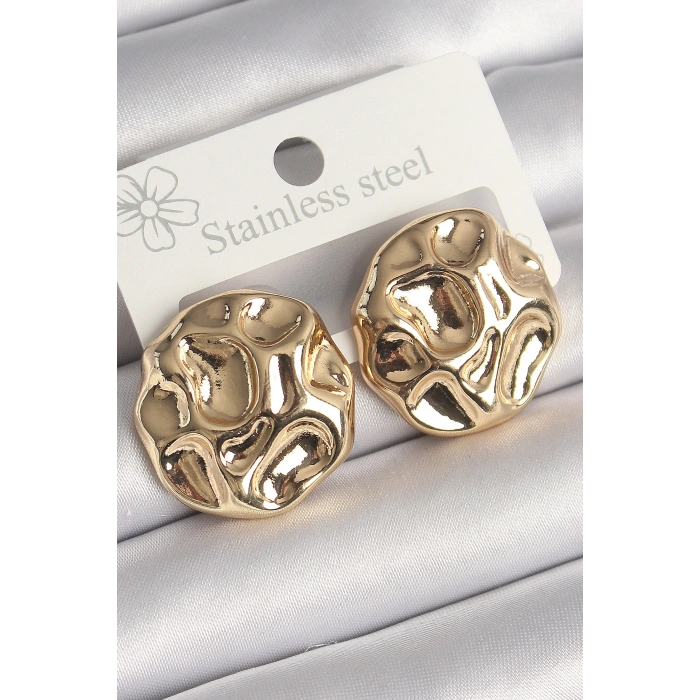 Tegan Pirinç Gold Renk İşlemeli Daire Plaka Model Kadın Küpe TG27BKP10244