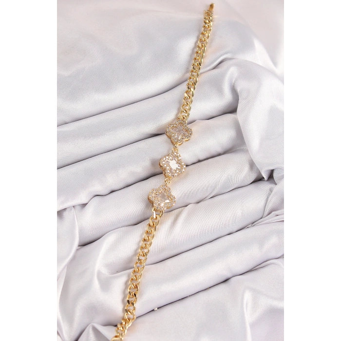 Tegan Pirinç Zirkon Taşlı Yonca Model Gold Renk Kadın Bileklik TG27BB8494