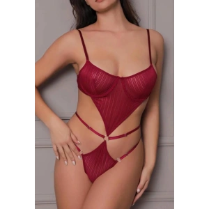 Dodes Transparan Bordo Dekolteli Balenli Fantazi İç Giyim Body DL1410