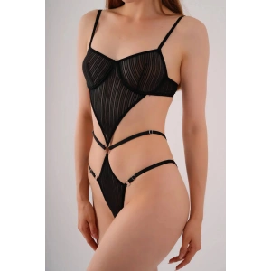 Dodes Transparan Siyah Dekolteli Balenli Fantazi İç Giyim Body DL1408
