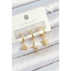 Tegan Pirinç Zirkon Taşlı Yıldız Model Gold Renk 3lü Çift Kadın Küpe Set TG27BKP10835