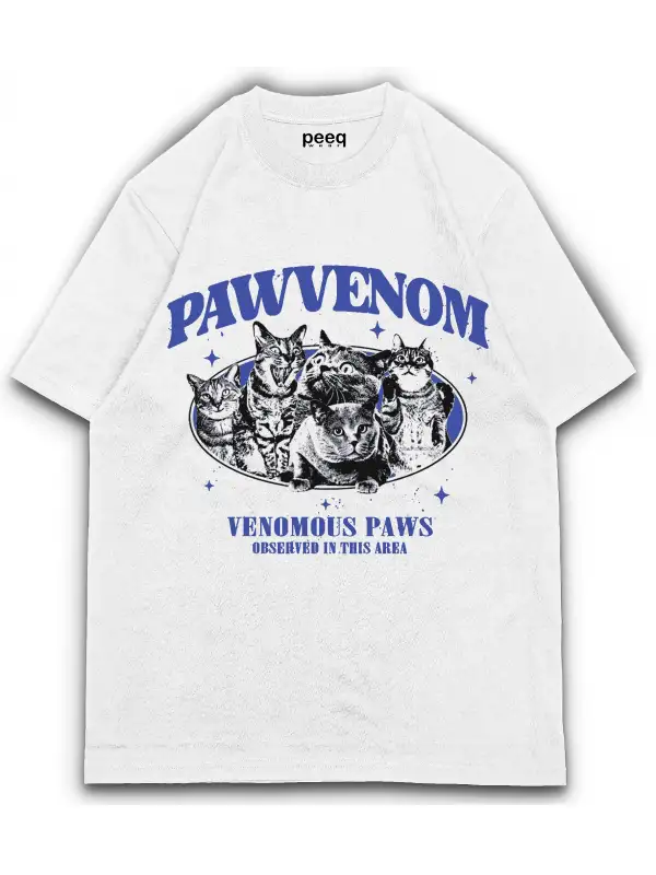 Paws Kediler Baskılı beyaz oversize Tişört