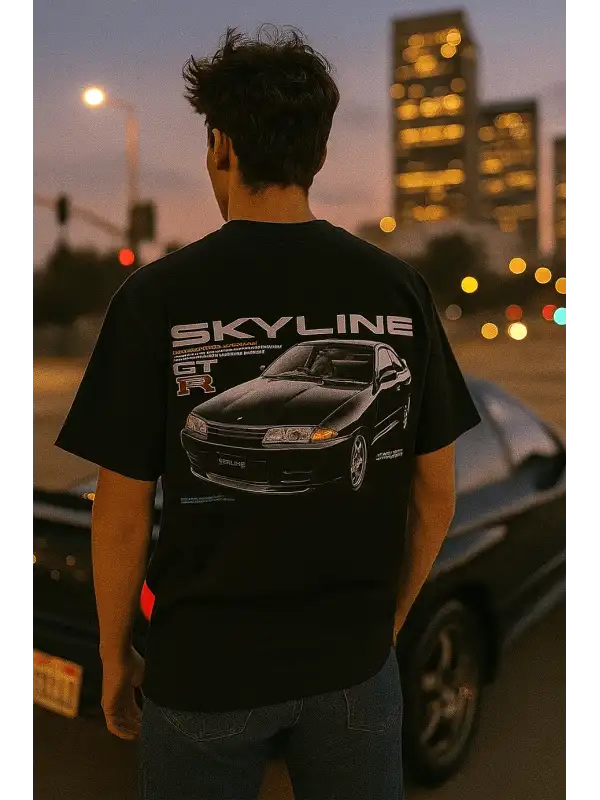 Skyline Baskılı Vintage Tişört