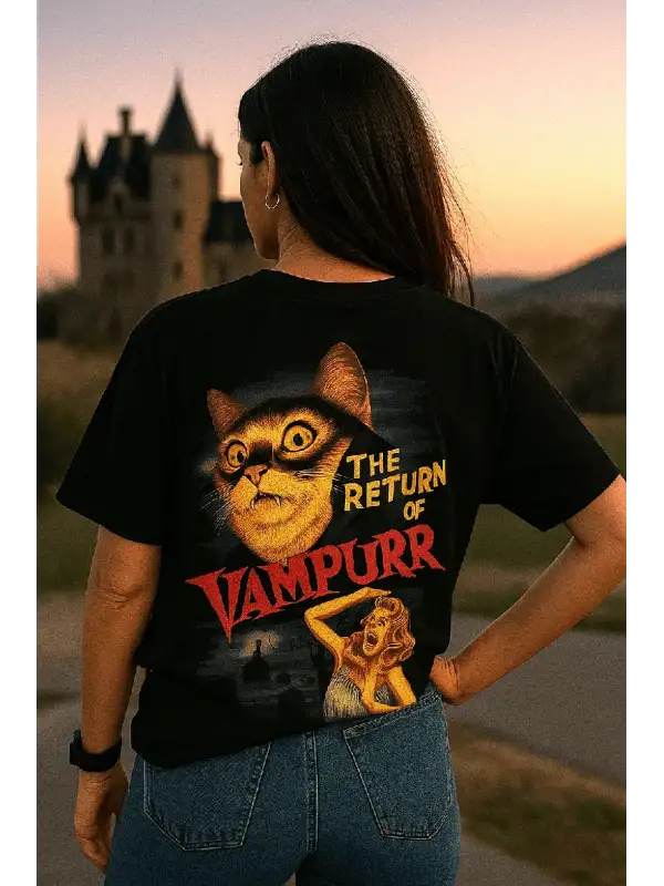 Vampir Kedi Baskılı Tişört