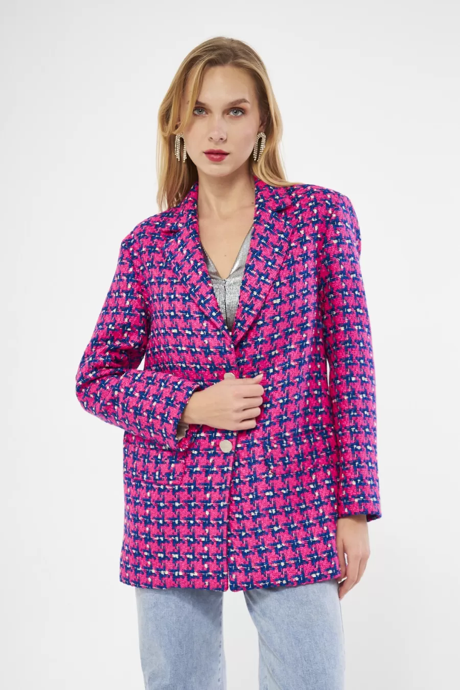 KAZAYAĞI DESENLİ TÜVİT BLAZER PEMBE CEKET