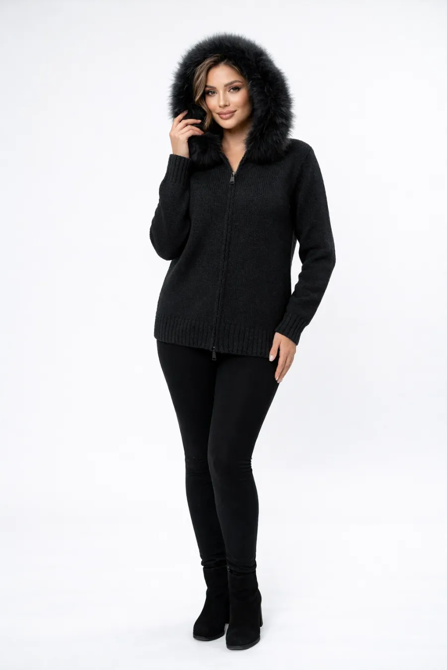 TİLKİ KÜRK KAPÜŞONLU FERMUARLI TRİKO