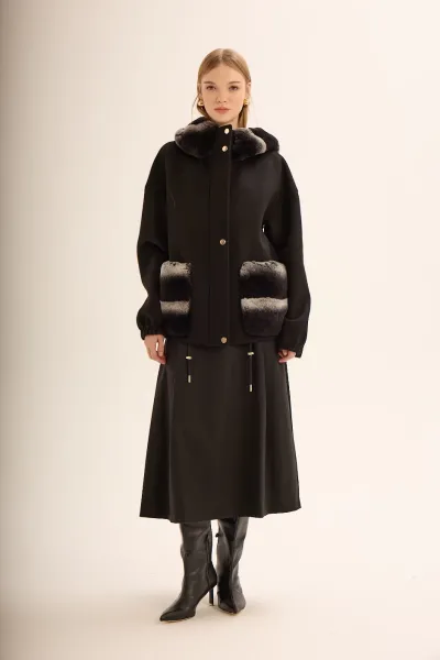 ALPAKA REX KÜRK DETAYLI KABAN SİYAH