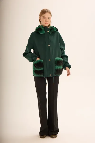 ALPAKA REX KÜRK DETAYLI KABAN YEŞİL