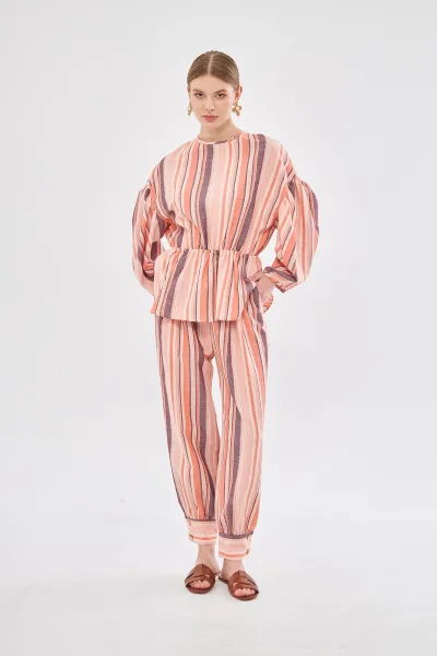 BELİ LASTİKLİ TURUNCU ÇİZGİLİ PANTOLON