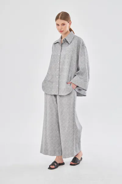 BELİ LASTİKLİ ANTRASİT KIRÇIL KETEN PANTOLON