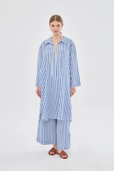 YAKASI İPLİ LACİVERT ÇİZGİLİ TUNİK PANTOLON TAKIM