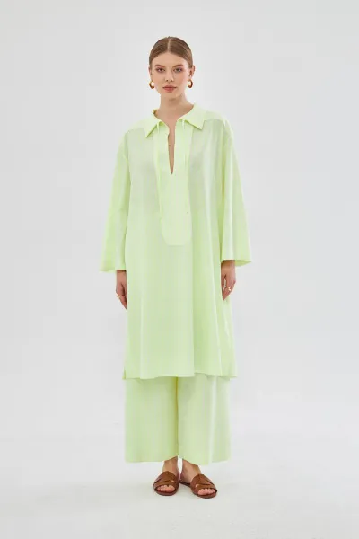 YAKASI İPLİ YEŞİL ÇİZGİLİ TUNİK PANTOLON TAKIM