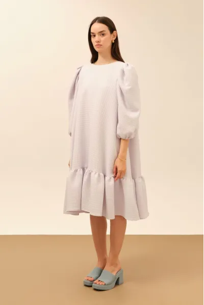 BALON KOLLU GOFRE KUMAŞ MOR ELBİSE